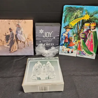 More Christmas - 6 PC Glass Nativity Set, Vtg Advent Calendar, Jesus & Mary Canvas Print, Joy Block