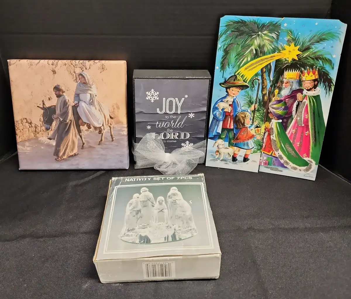 More Christmas - 6 PC Glass Nativity Set, Vtg Advent Calendar, Jesus & Mary Canvas Print, Joy Block