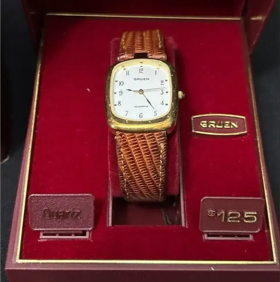 Vintage Gruen Ladies Tank Watch - Gold Tone, Brown Lizard Band, Box, Tag