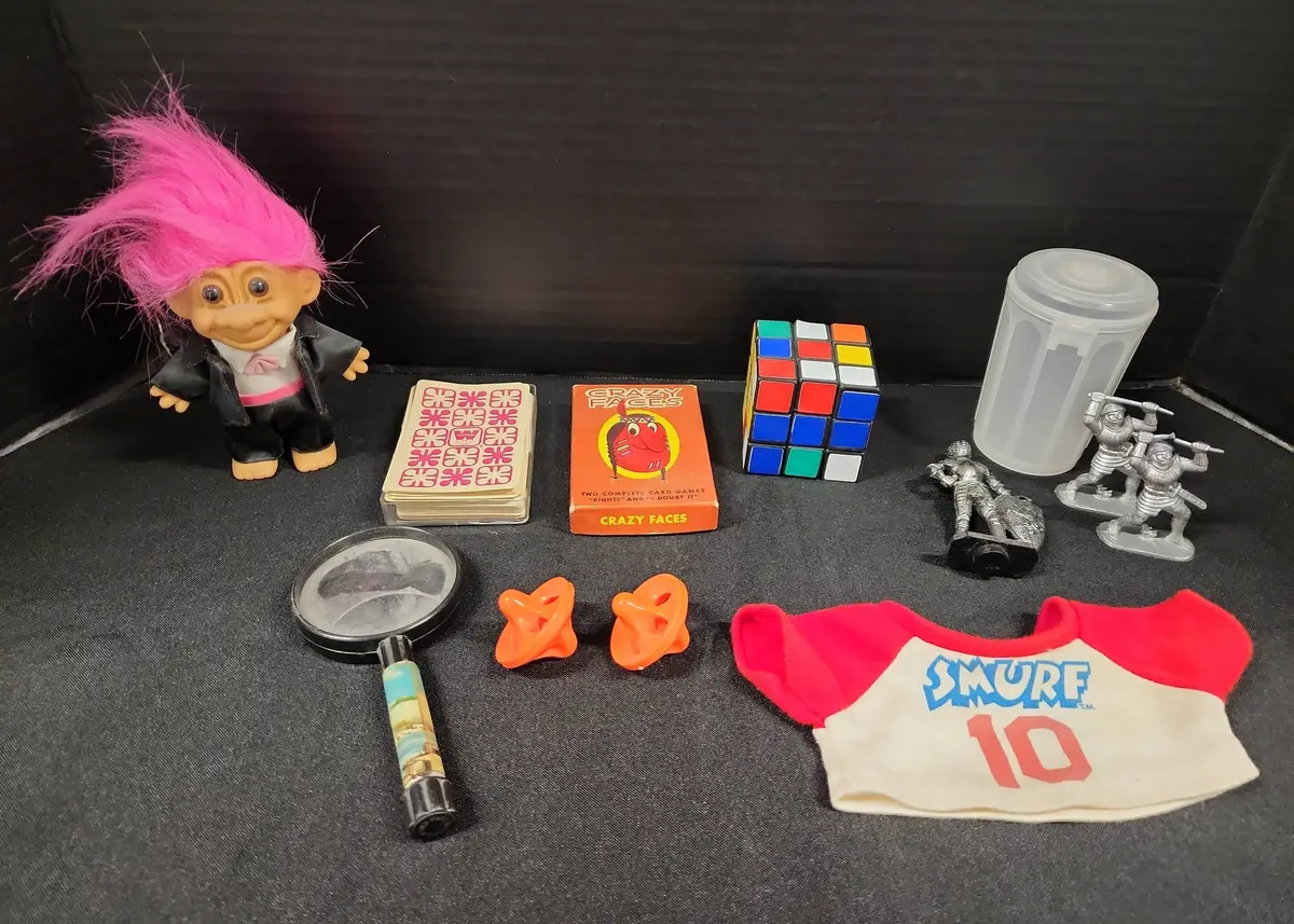 Vtg Toy Assortment - Rubics Cube, W German Figures, Smurf Shirt, Cards, Troll Doll, Spinners