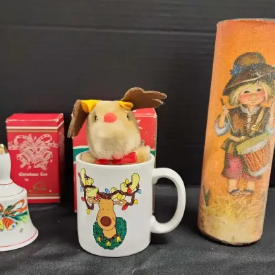 Christmas Decor - Salem Porcelain Bell, Mug With Reindeer Plush, Drummer Boy Sugared Tallboy Candle