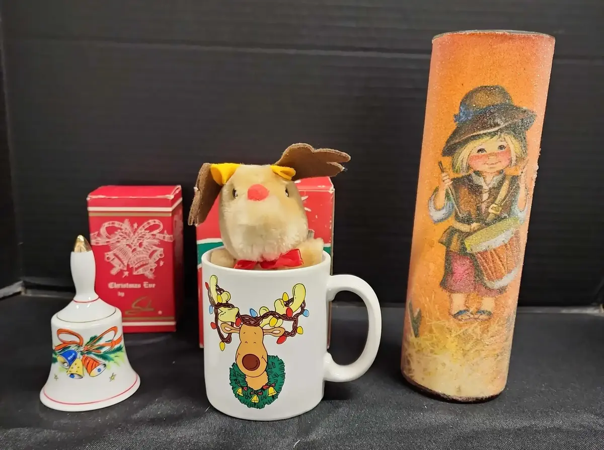Christmas Decor - Salem Porcelain Bell, Mug With Reindeer Plush, Drummer Boy Sugared Tallboy Candle