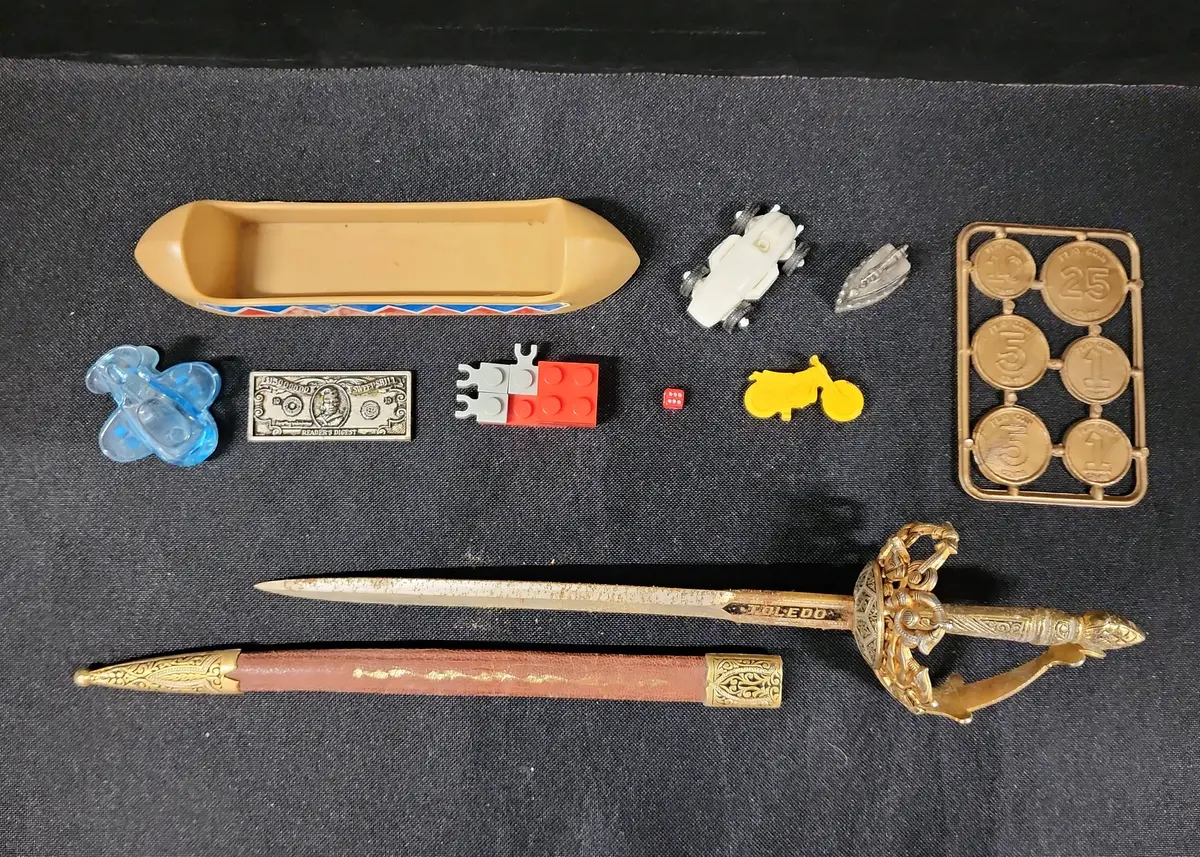 Tiny Toys & Miniature Sword - Plastic Play Coins, Metal Play Pc, Bike, Car, Canoe