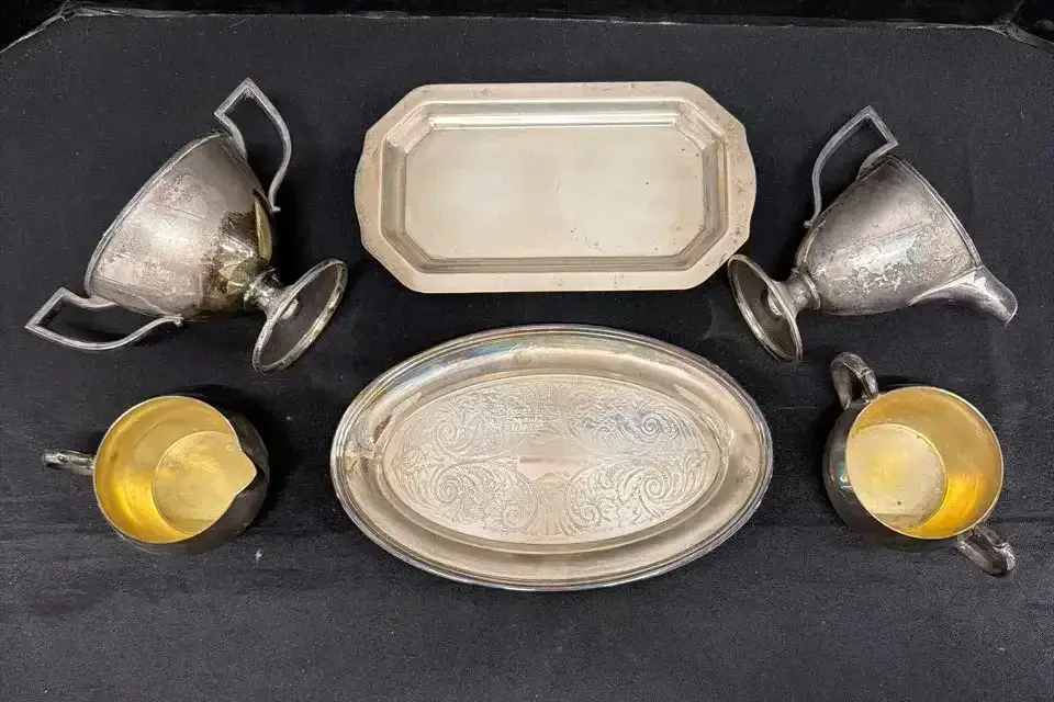 Vintage Silver Plate Coffee Set - Creamer, Sugar Bowl, Underplates, Double Handled Cup