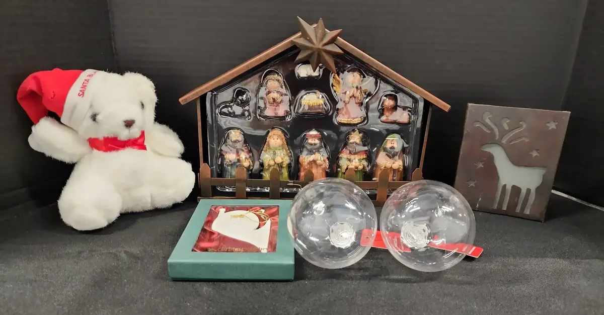 Christmas Decor - Nativity Set, Santa Blair Bear, Reindeer Candle Holder, 5 Ornaments 