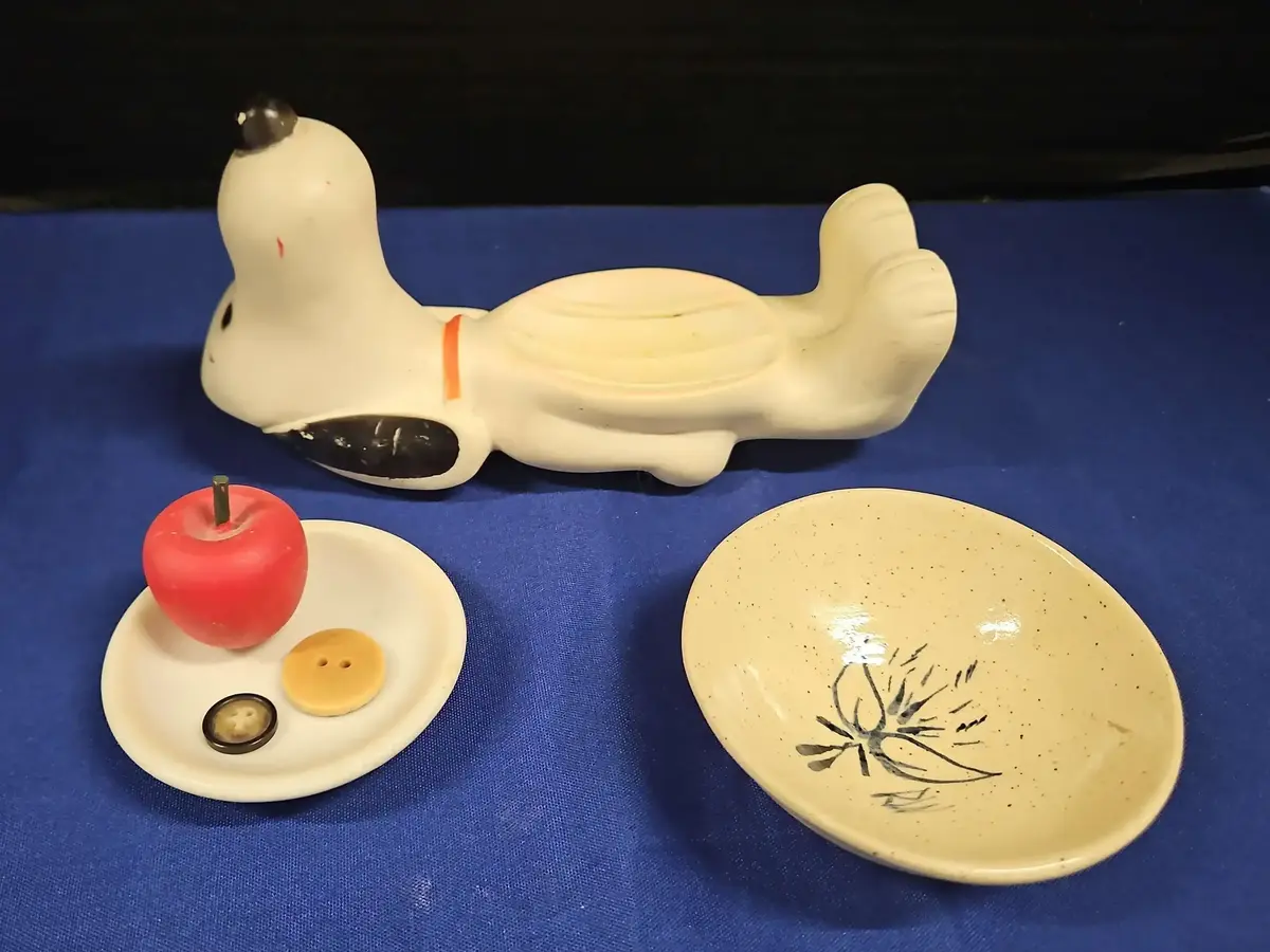 Vintage Bathroom - Avon Snoopy Soap Dish, Small Syracuse China Dish, Small Ceramic Floral Dish