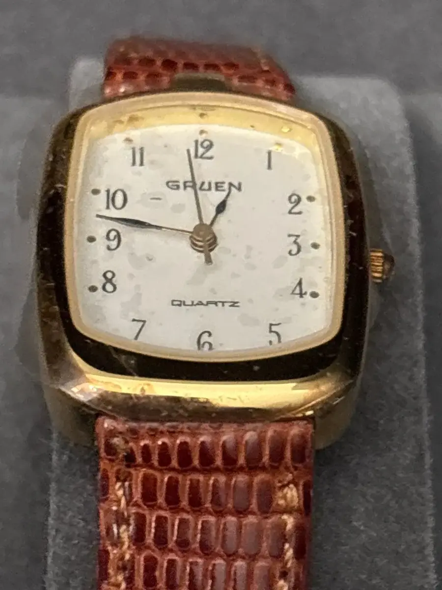 Vintage Gruen Precision Ladies Tank Watch - Gold Tone, Brown Lizard Strap, Box, Tag