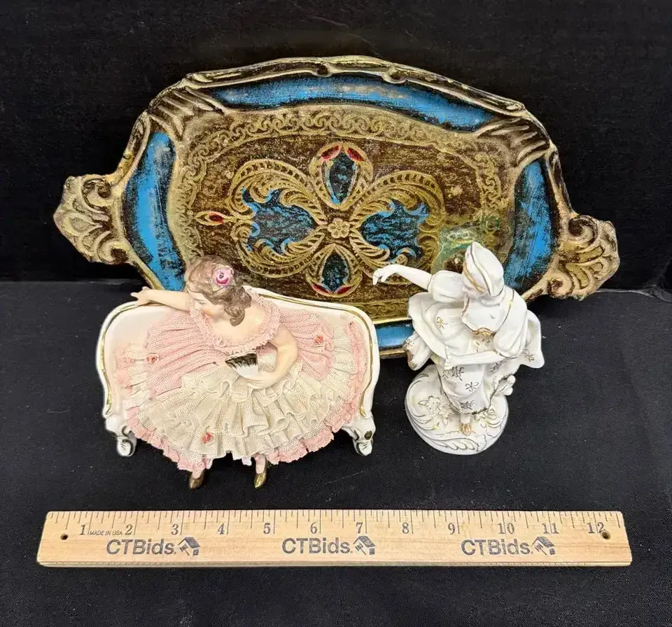 Vintage Estate - Italian Florentine Gilt Wood Tray & Dresden Style Lace Porcelain Figurines
