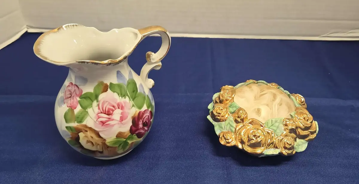 Vintage Porcelain Pitcher & Mini Bowl - Gold, Floral
