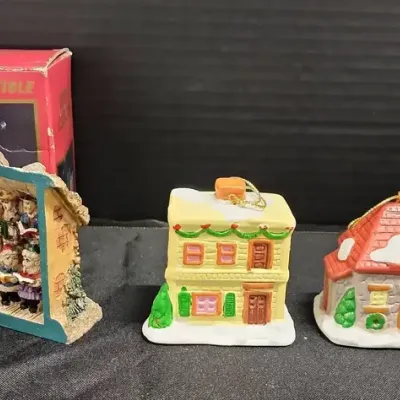Christmas Decor & Ornaments - 3 PC Winter Buildings Porcelain Ornaments, Church Collectible Figure