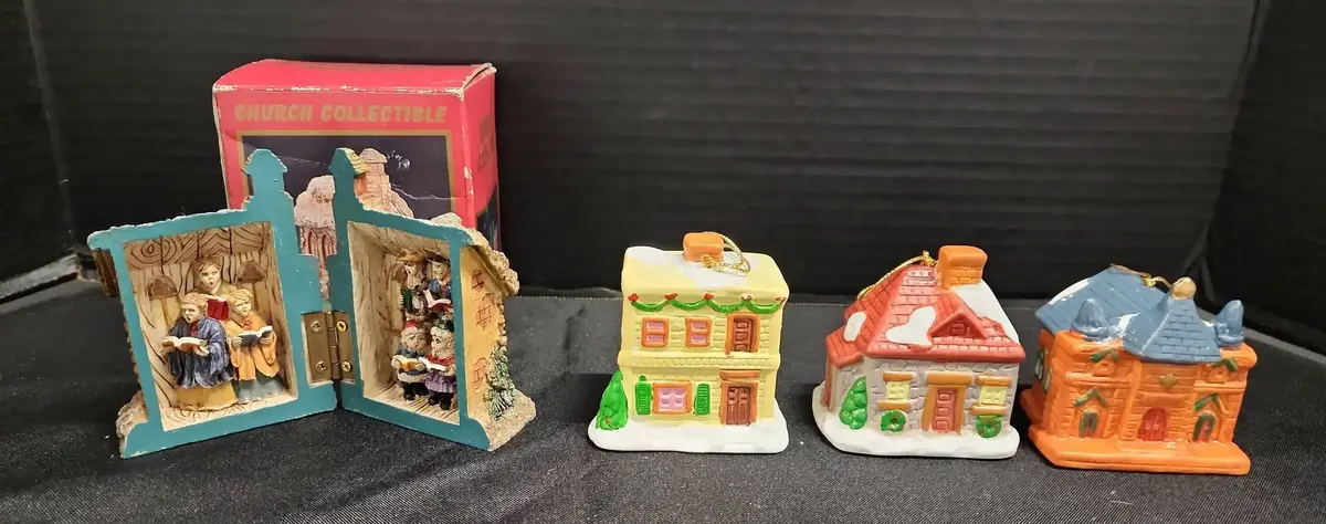 Christmas Decor & Ornaments - 3 PC Winter Buildings Porcelain Ornaments, Church Collectible Figure