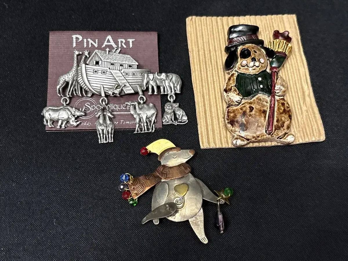 3 Whimsical Pins - Pewter Spoontiques Noahs Ark, Dog W/ Top Hat, Mixed Metal Bear
