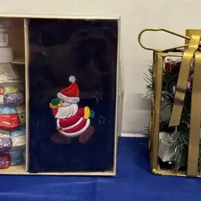 Christmas Gifts - Soap Towel Gift Set, Gold Candle Holder, Pine Needles, Presents