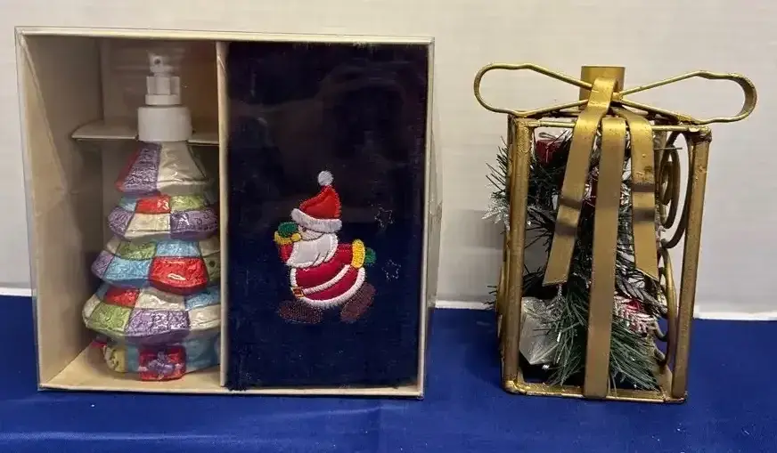 Christmas Gifts - Soap Towel Gift Set, Gold Candle Holder, Pine Needles, Presents
