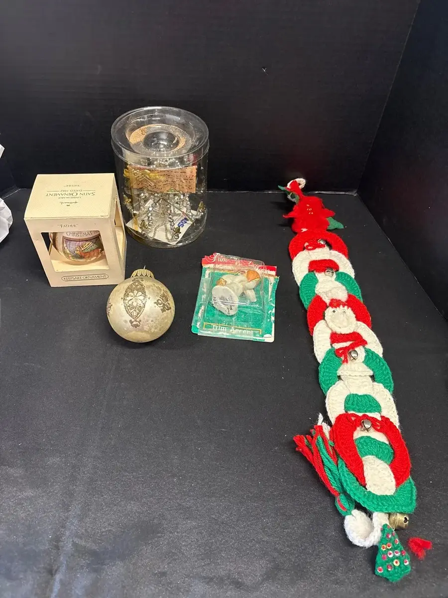 Vintage Christmas - Ornaments, Hallmark Father 1982, Angel, Chandelier, Crochet Door Hanger