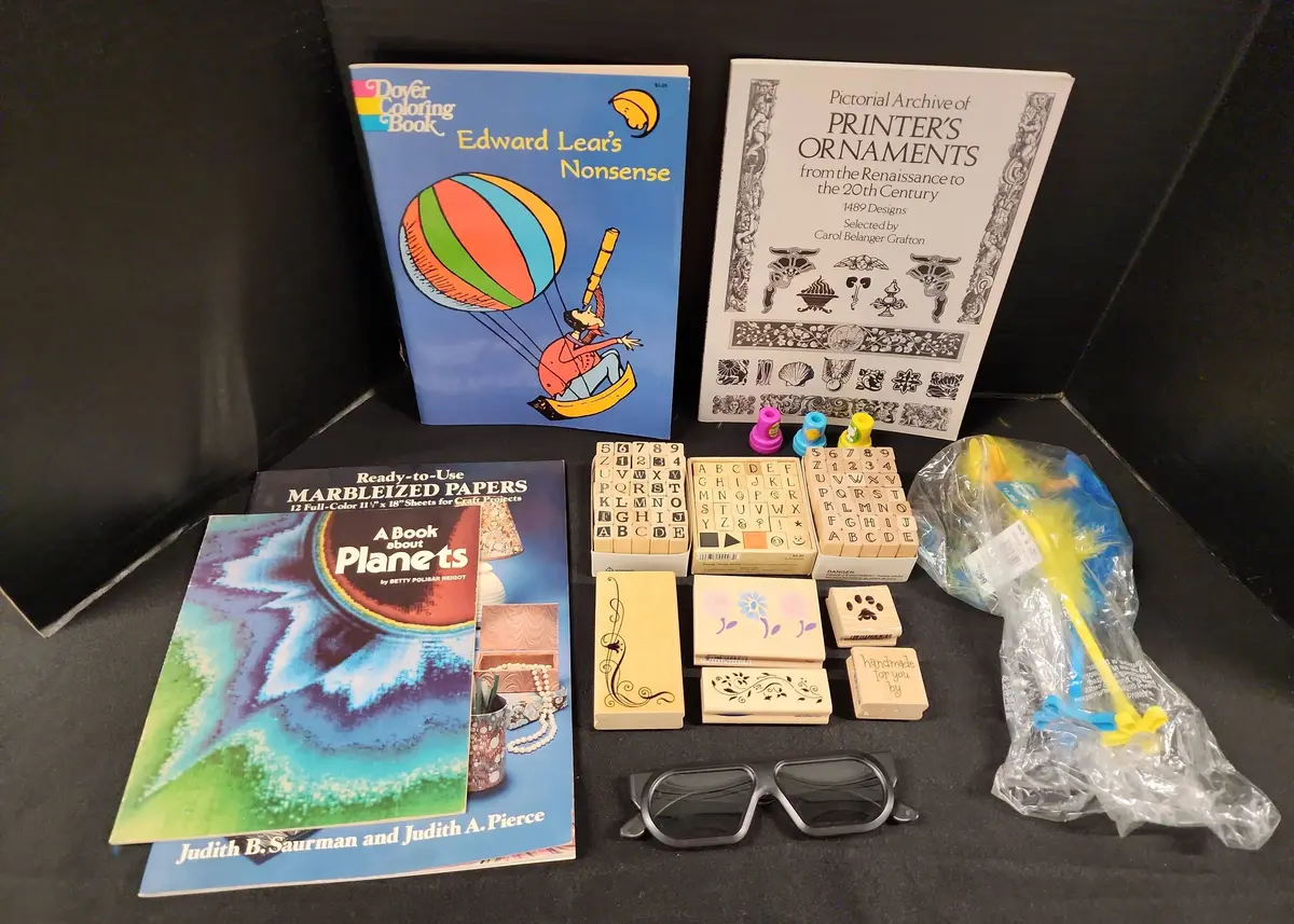 Crafts - Alphabet Stamps, Decorative Stamps, 2 Pens, Design Reference Books, Glasses