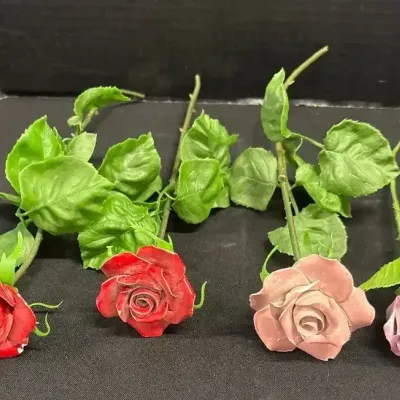 4 Porcelain Rose Flower Figurines - Stem, Red, Pink