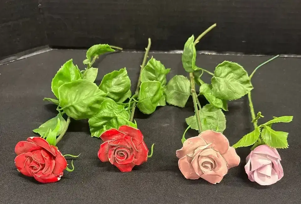 4 Porcelain Rose Flower Figurines - Stem, Red, Pink