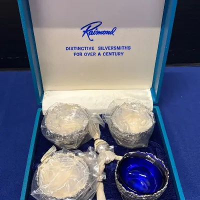 Vintage Raimond Silverplate Salt Cellars Set of 4 - Cobalt Blue Glass Liners, Original Case