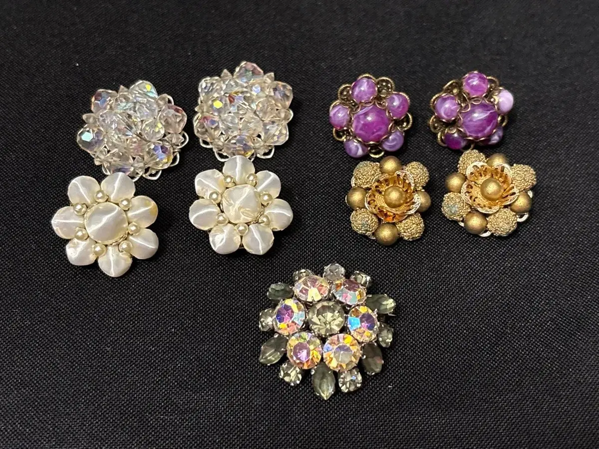 Vintage Cluster Jewelry - AB Crystal Brooch, 4 Pair Earrings, Clip-On, Screwback, White, Purple