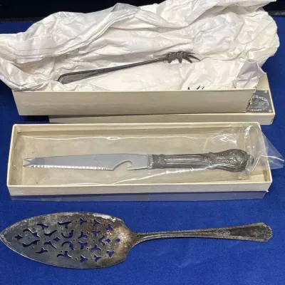 Silverplate Hostess Serving - EPNS Claw Tongs, Peerless Pastry Server, Sheffield Bar Knife