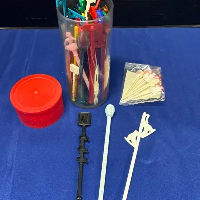VTG Barware - Plastic Cocktail Swizzle Sticks & Holiday Party Picks, Glass Container W Lid