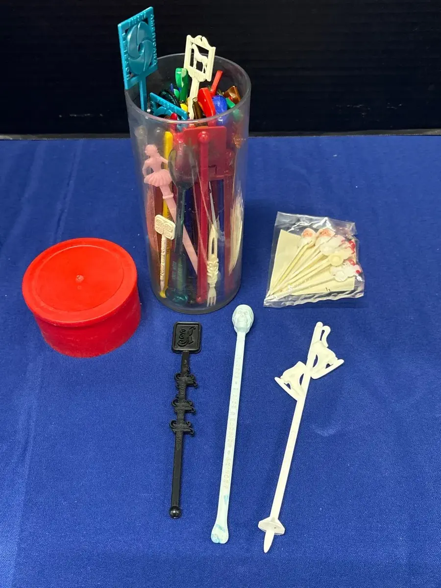 VTG Barware - Plastic Cocktail Swizzle Sticks & Holiday Party Picks, Glass Container W Lid