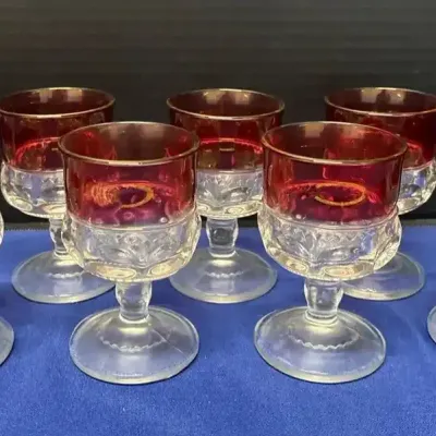 8 Vintage King's Crown Ruby Flash 4.5" Wine Cordial Glasses - Thumbprint, MCM