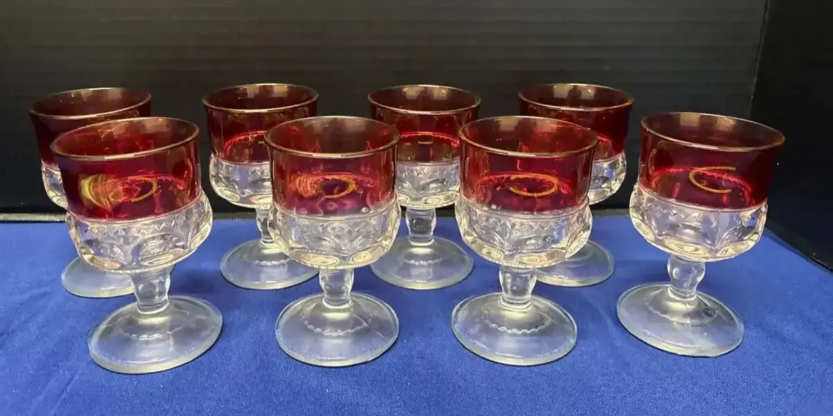8 Vintage King's Crown Ruby Flash 4.5" Wine Cordial Glasses - Thumbprint, MCM