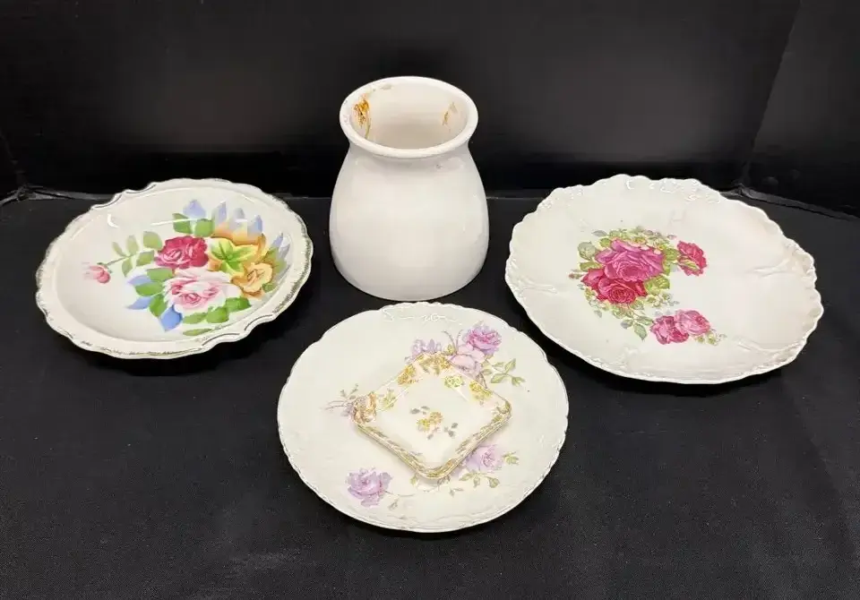 Vintage Mixed Shabby Chic Lot - Pink Rose Porcelain Decorative Plates & Ceramic Vase & Mini Tray