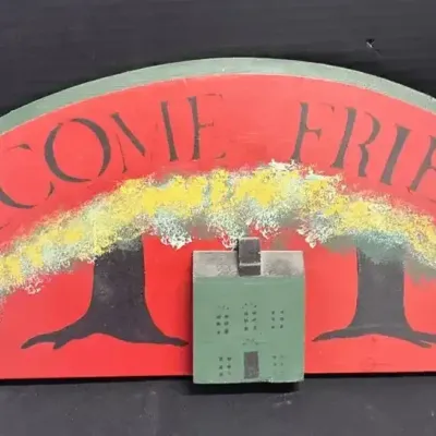 Vintage Wooden Welcome Friends Sign - Country, Folk Art, Tree, House