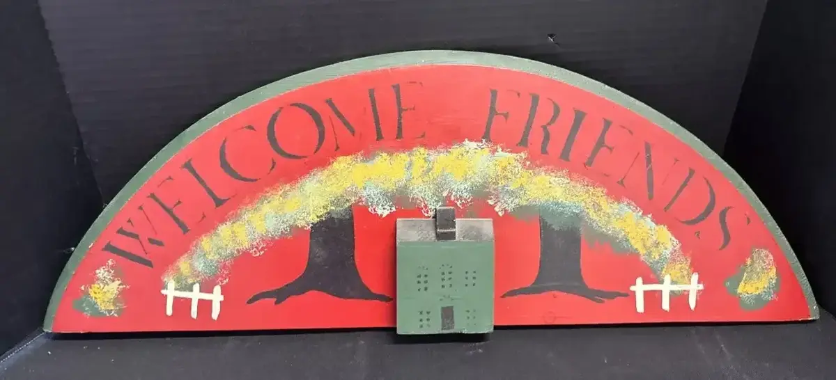 Vintage Wooden Welcome Friends Sign - Country, Folk Art, Tree, House