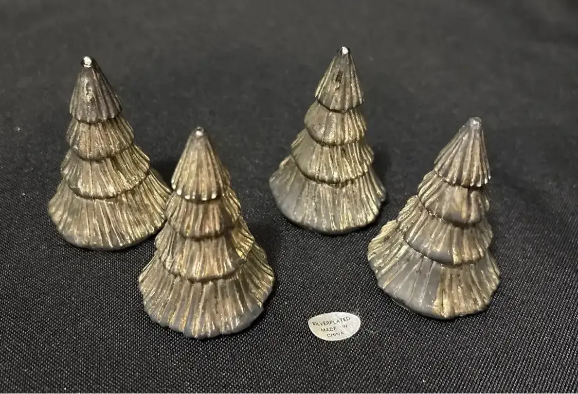 Vintage Silver Plated Christmas Tree Salt & Pepper Shakers - 4 Piece