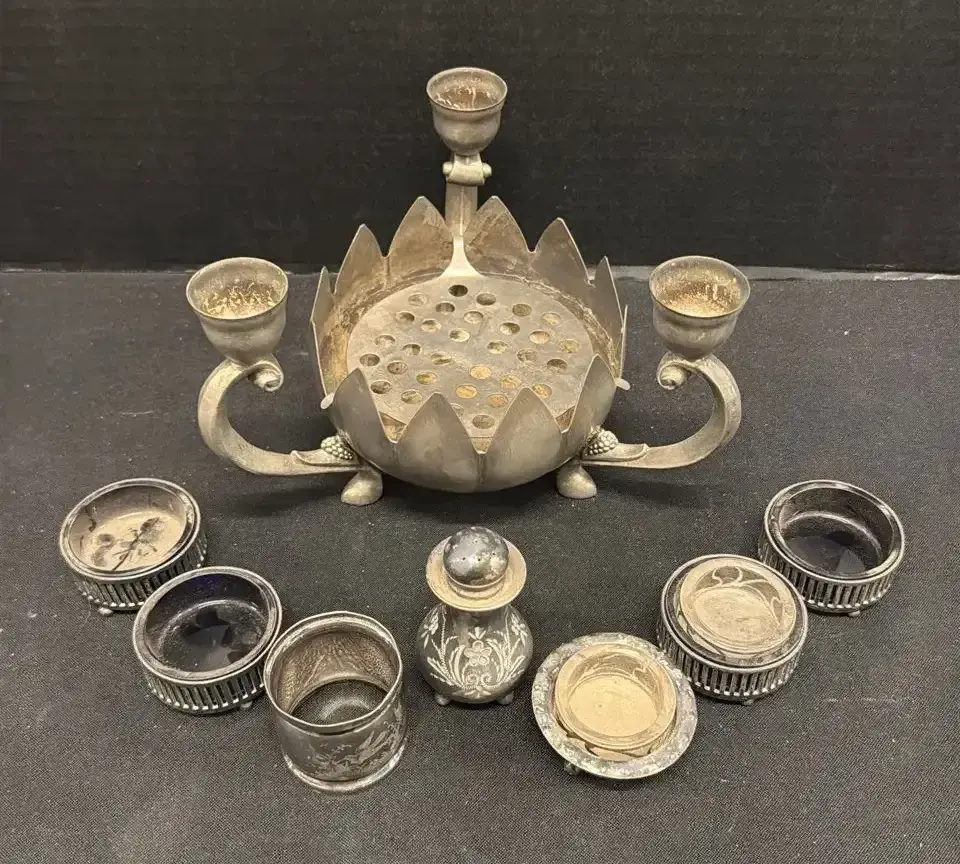 MCM Silver Plated Tabletop Collection - 8 Pcs, Lotus Centerpiece, Glass Liner Salts & Shaker, Napkin