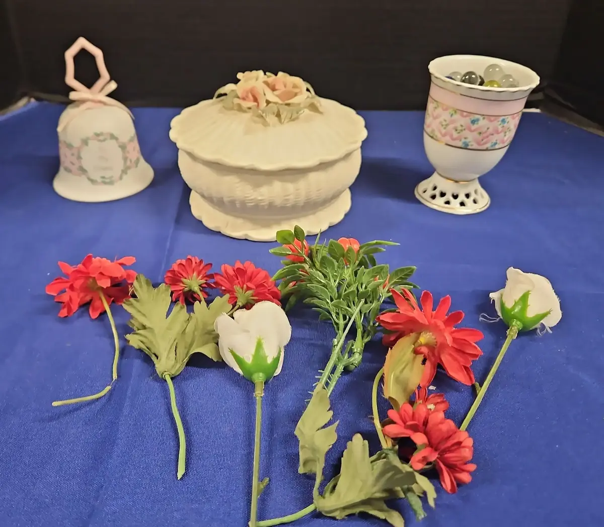 Vintage Home Decor - Precious Moments Porcelain Bell, Ceramic Floral Dish, Formalities Cup, Flowers