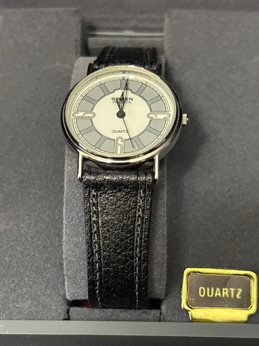 Vintage Gruen Precision Ladies Watch - Art Deco Grey Sector Dial, Black Strap, Box, Tag