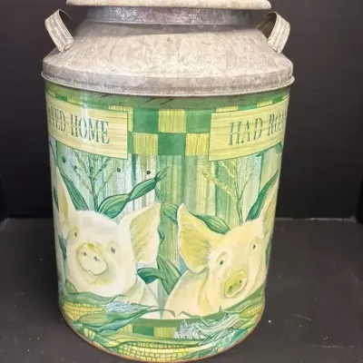 Vintage Houston Foods Co Metal Canister - Farmhouse Decor, Country, Three Little Pigs Tin