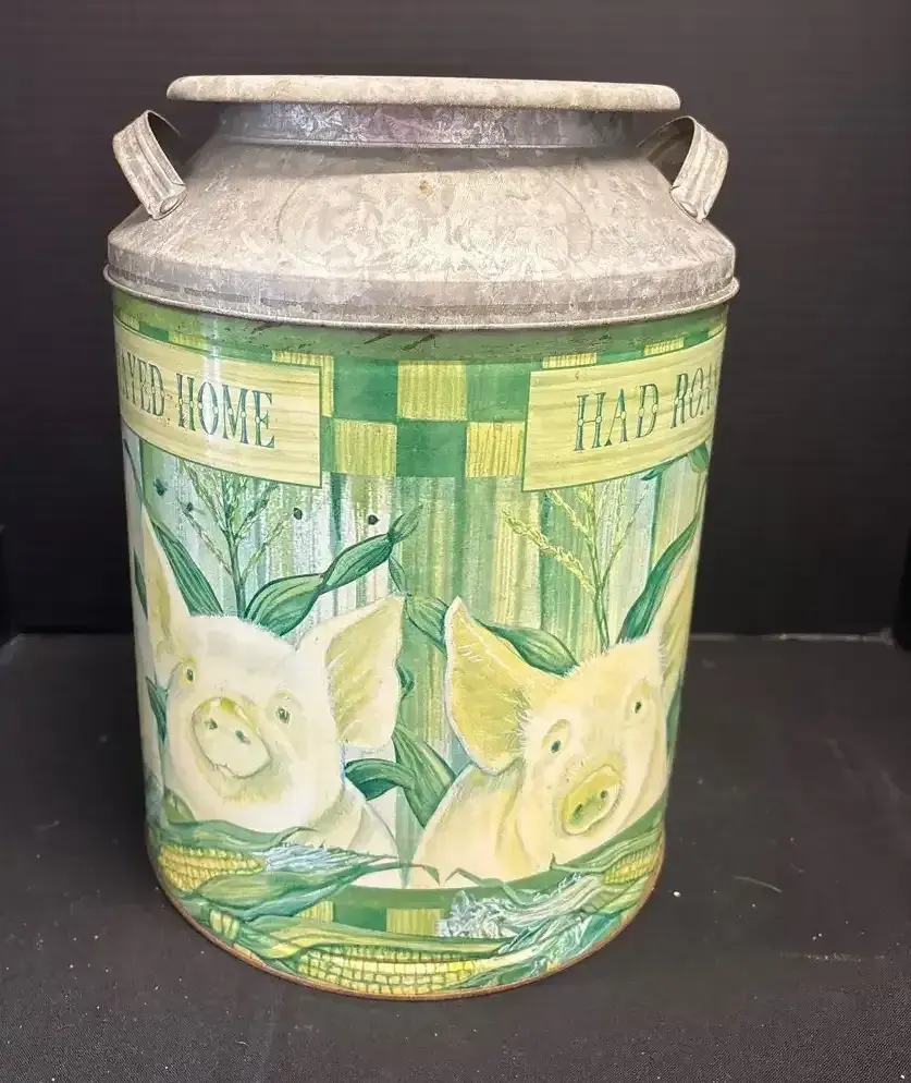 Vintage Houston Foods Co Metal Canister - Farmhouse Decor, Country, Three Little Pigs Tin