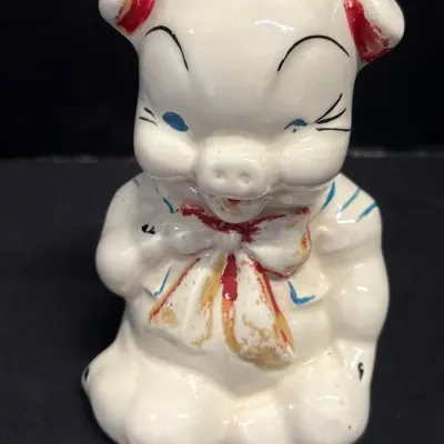 VTG 1950s American Bisque Ceramic Piggy Bank - Red Bow, Filled With Coins