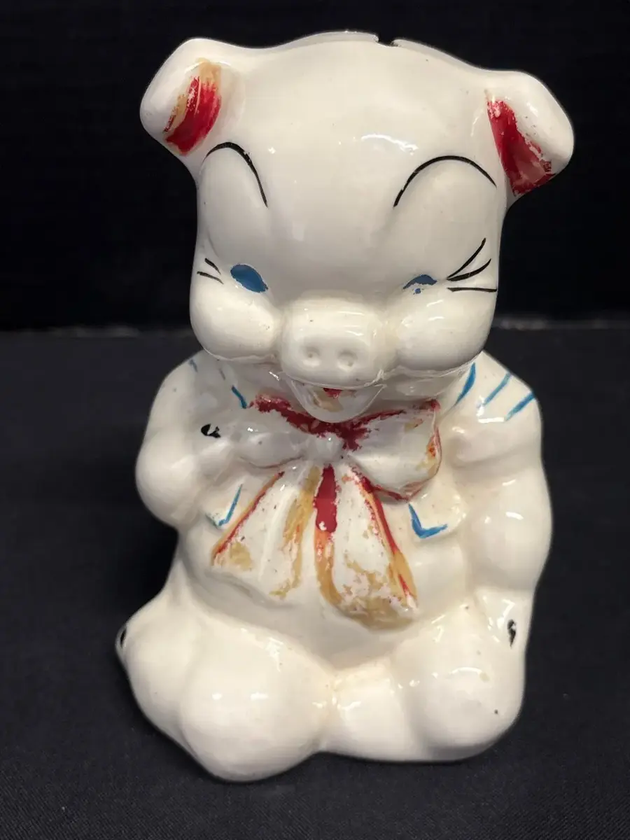 VTG 1950s American Bisque Ceramic Piggy Bank - Red Bow, Filled With Coins