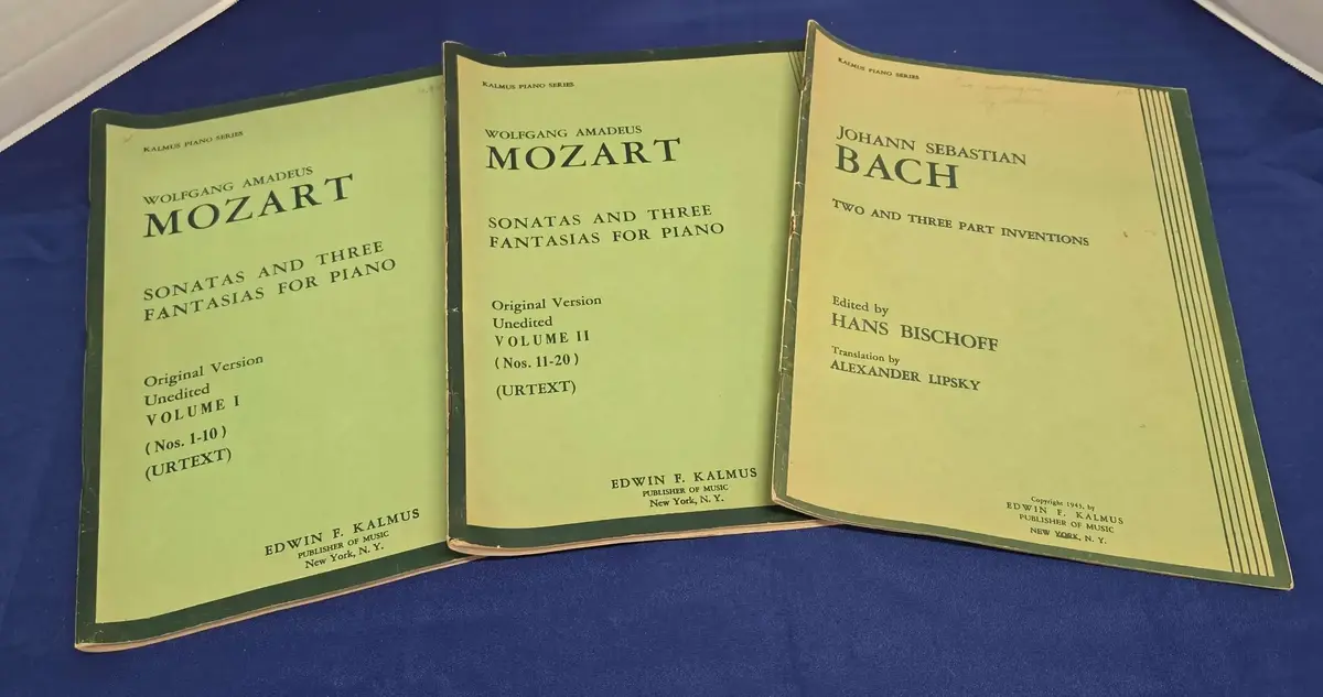 Three Vintage Classical Piano Sheet Music Books - Mozart, Bach - By Edwin F. Kalmus