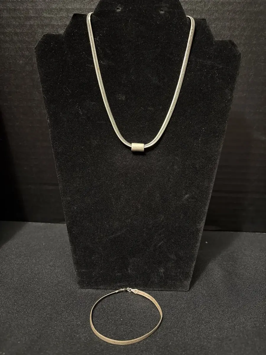 Vintage Jewelry - 925 Sterling Silver Herringbone Bracelet + Silver-Tone Slide Collar Necklace