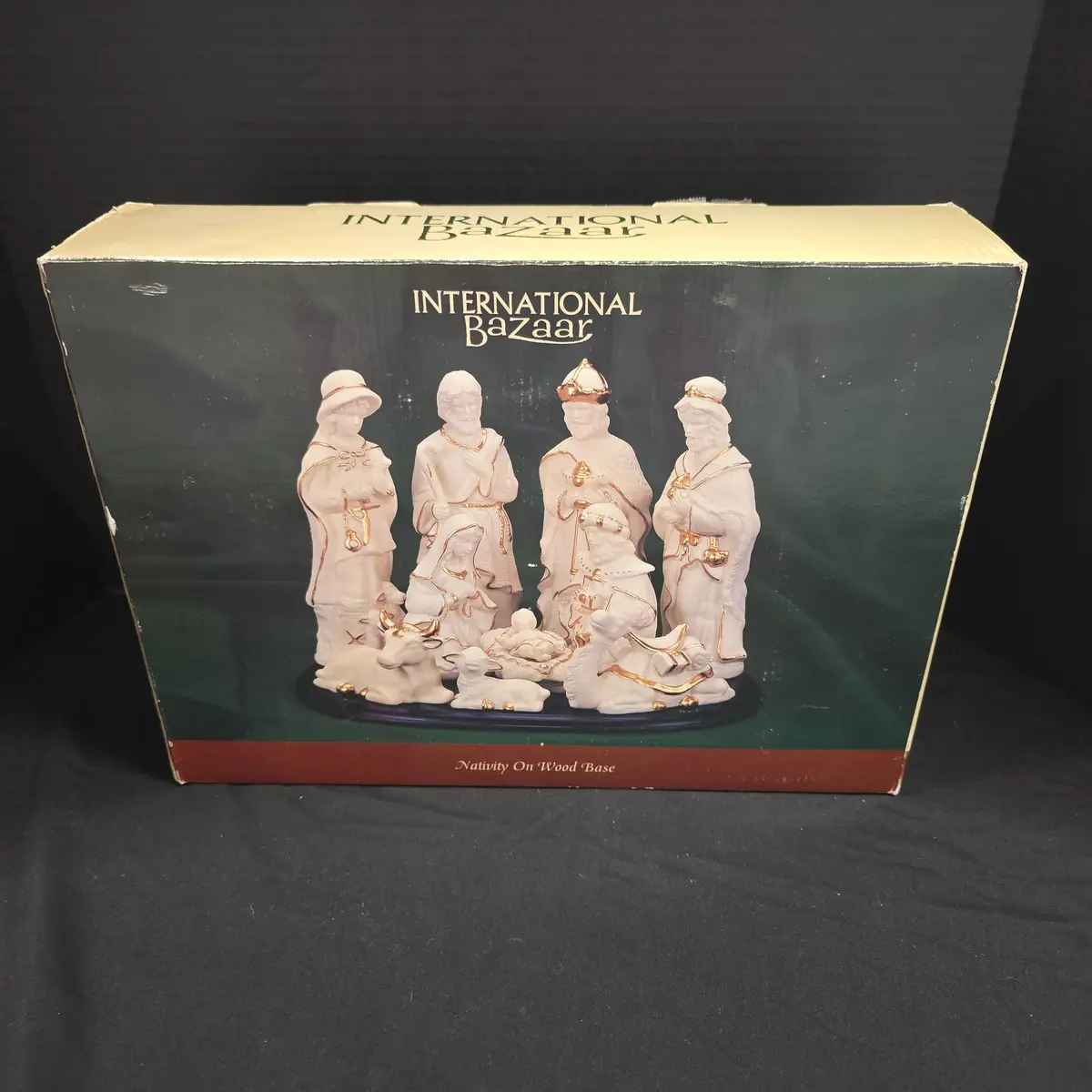 Vintage International Bazaar Porcelain Nativity Set - Ivory Figures, Elegant Gold Trim Accents