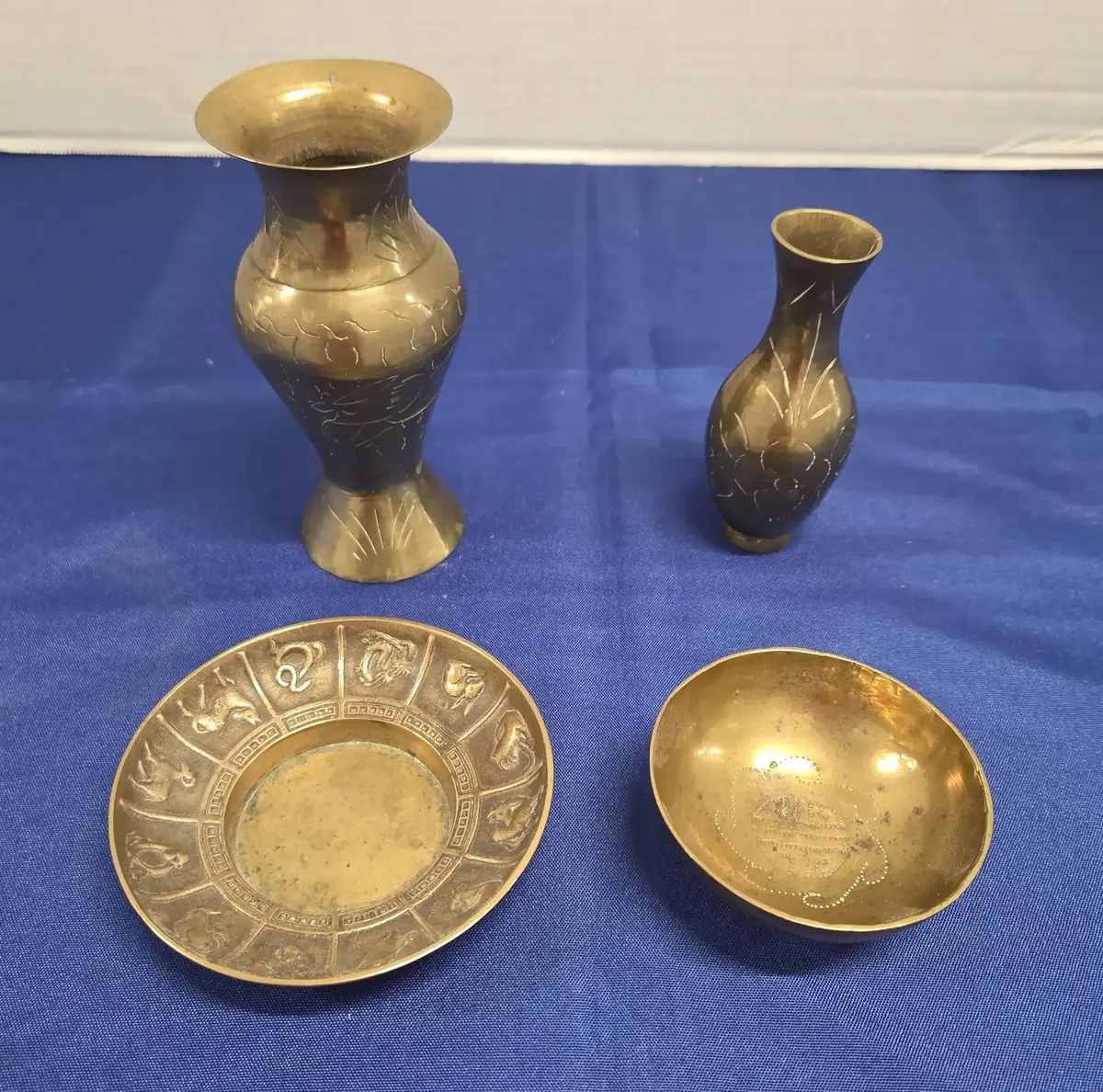 4 Vintage Brass Vases & Bowls - Zodiac, Ornate
