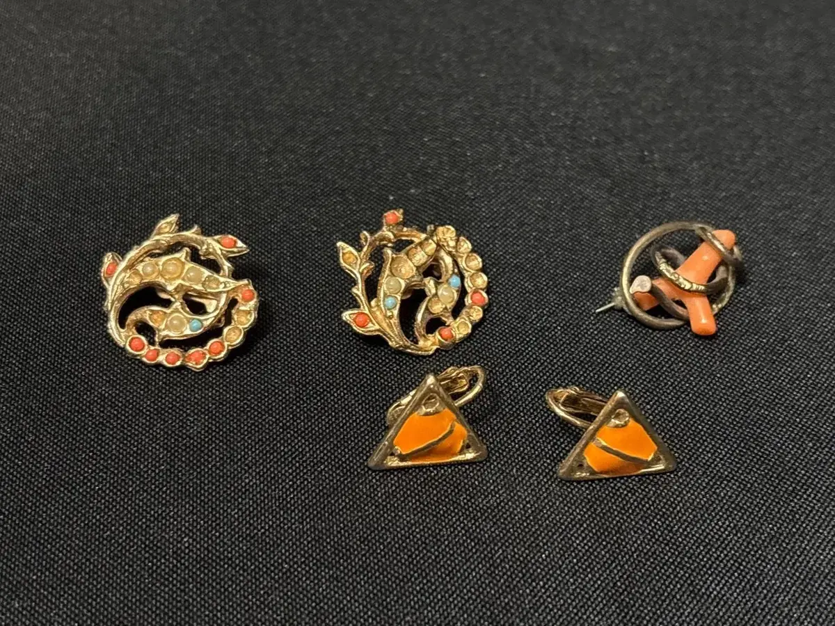 Vintage Jewelry - Coral Branch Pin, Triangle Clip-On Earrings, Wreath Brooches