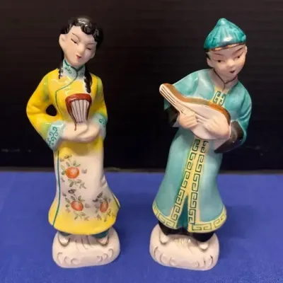 Mid Century Asian Geisha & Musician Porcelain Statues - Vintage Japanese Pair