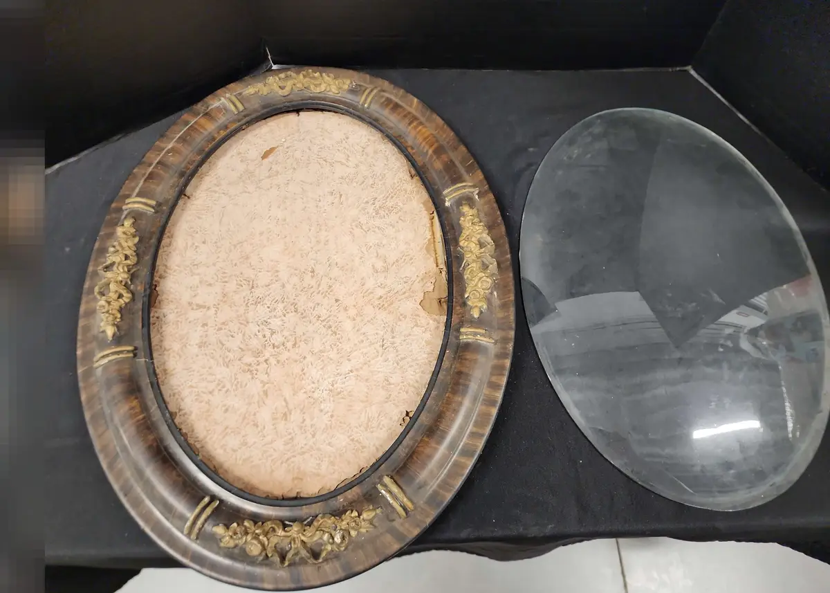 Antique Bubble Glass Ornate Oval Frame, Gold Accents, Wooden, 24" X 19"