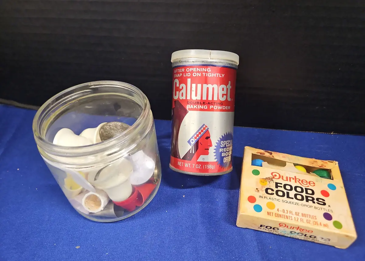 Vintage Kitchen Decor - Jar Of Baking Accessories, Calumet Baking Powder Can, Durkee Food Coloring