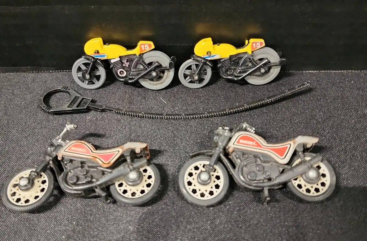 4 Vintage Diecast & Plastic Motorcycles - 2 Buddy L Bikes, 2 Tomy Pop Cycle Riders With 1 Cord 
