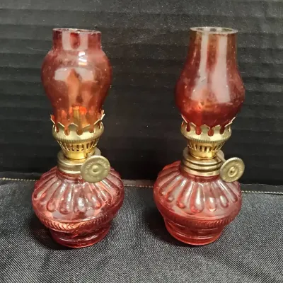 2 Vtg Miniature Red Glass Oil Lamps - Ribbed Pattern  Brass Fixture, 5" Tall